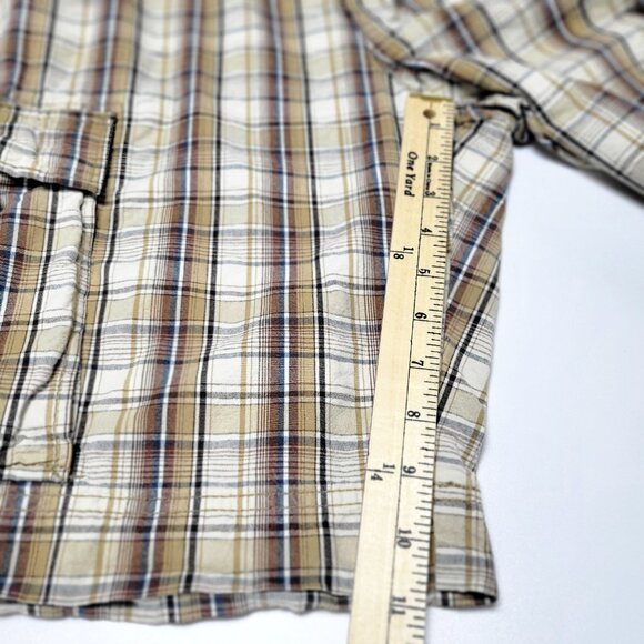 Levi’s Cargo Shorts Size 36 Plaid 100% Cotton Tan White Brown 11” Inseam - Picture 8 of 11